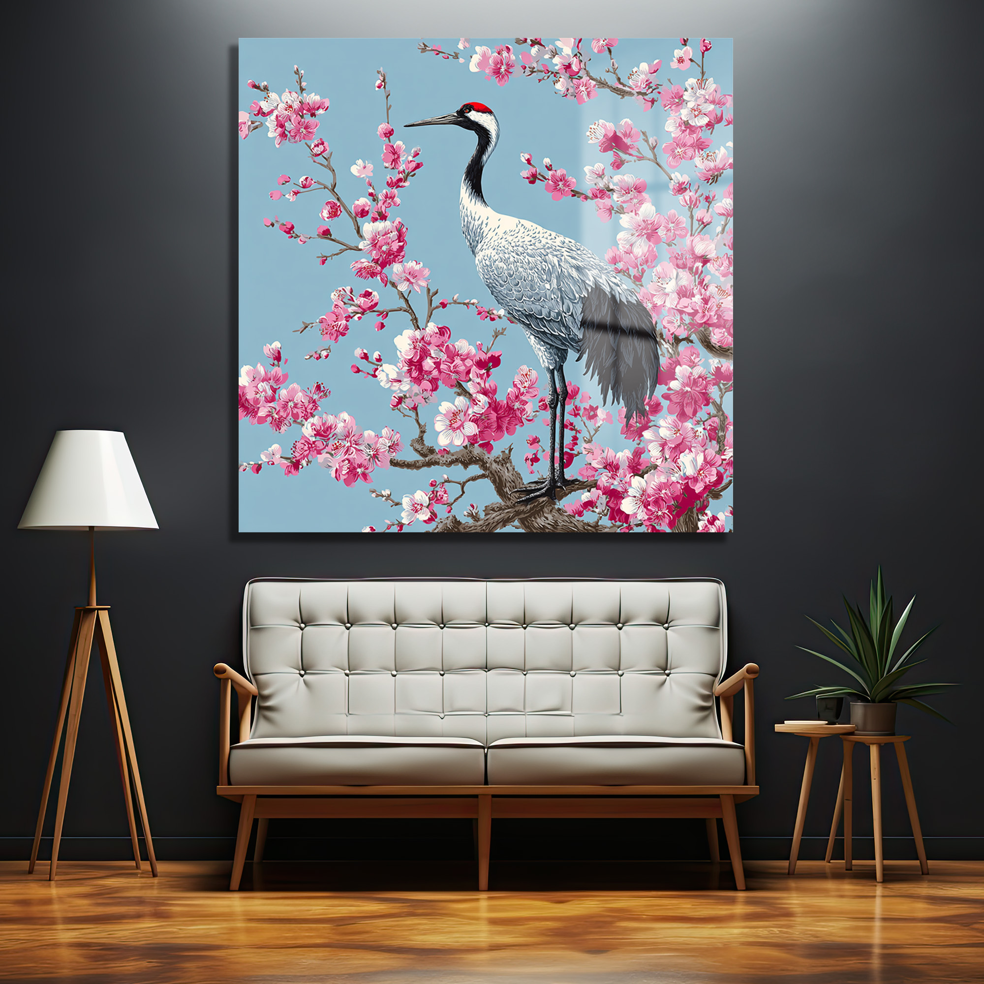 Zen Bahçesi: Sakura ve Turna Kuşu Cam Tablo Duvar Dekoru Zen Bahçesi: Sakura ve Turna Kuşu Cam Tablo