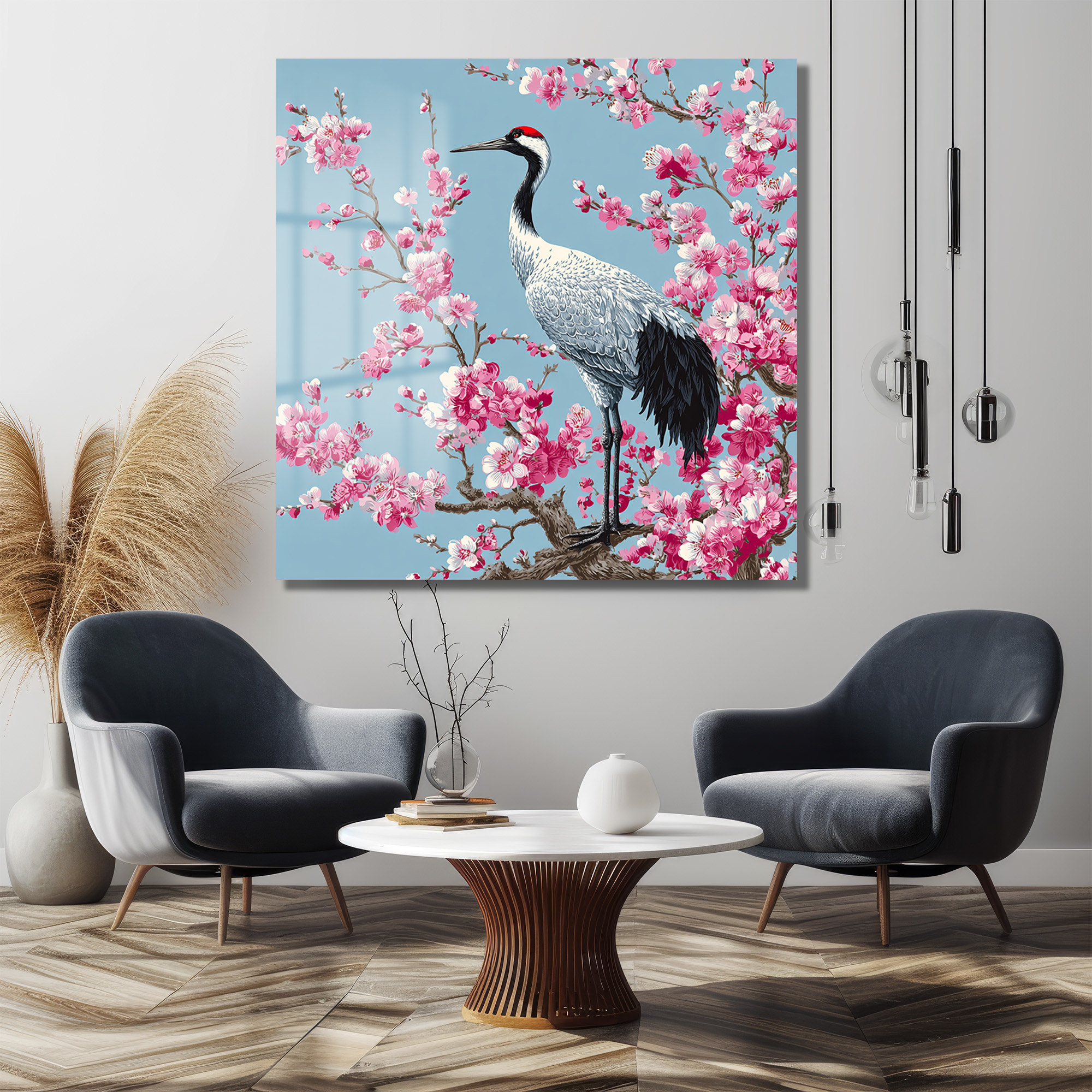 Zen Bahçesi: Sakura ve Turna Kuşu Cam Tablo Duvar Dekoru Zen Bahçesi: Sakura ve Turna Kuşu Cam Tablo