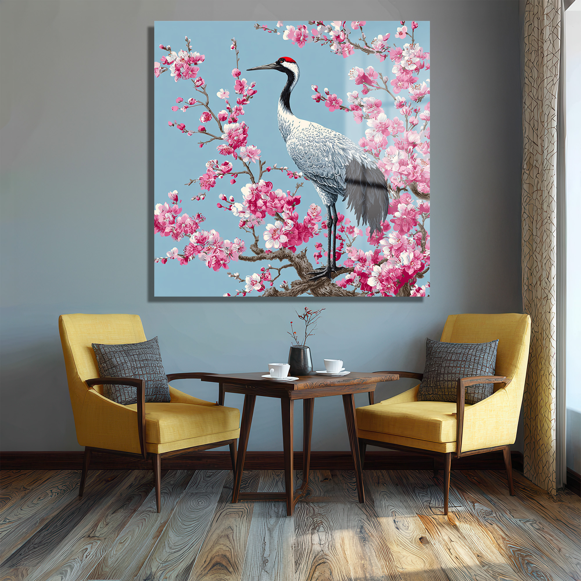 Zen Bahçesi: Sakura ve Turna Kuşu Cam Tablo Duvar Dekoru Zen Bahçesi: Sakura ve Turna Kuşu Cam Tablo