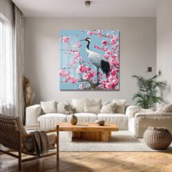 Zen Bahçesi: Sakura ve Turna Kuşu Cam Tablo Duvar Dekoru Zen Bahçesi: Sakura ve Turna Kuşu Cam Tablo