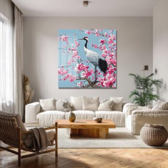 Zen Bahçesi: Sakura ve Turna Kuşu Cam Tablo - Glazella Zen Bahçesi: Sakura ve Turna Kuşu Cam Tablo - Glazella
