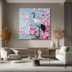 Zen Bahçesi: Sakura ve Turna Kuşu Cam Tablo Duvar Dekoru Zen Bahçesi: Sakura ve Turna Kuşu Cam Tablo