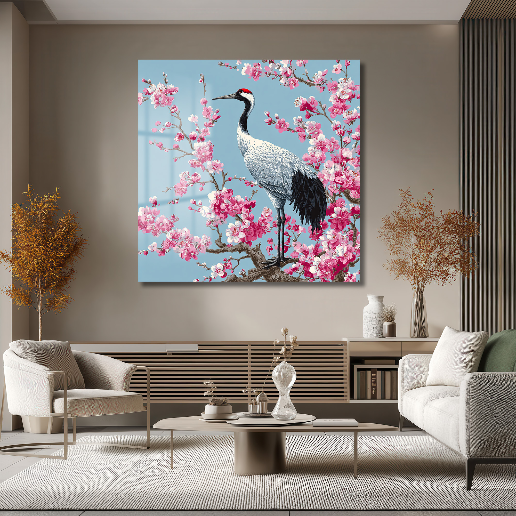 Zen Bahçesi: Sakura ve Turna Kuşu Cam Tablo Duvar Dekoru Zen Bahçesi: Sakura ve Turna Kuşu Cam Tablo
