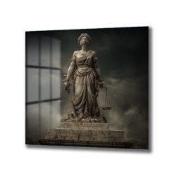 Gözleri bağlı, bir elinde kılıç, diğer elinde terazi tutan Themis heykeli, koyu ve bulutlu bir gökyüzü önünde duran, eskitme dokulu, sanatsal bir cam tablo.