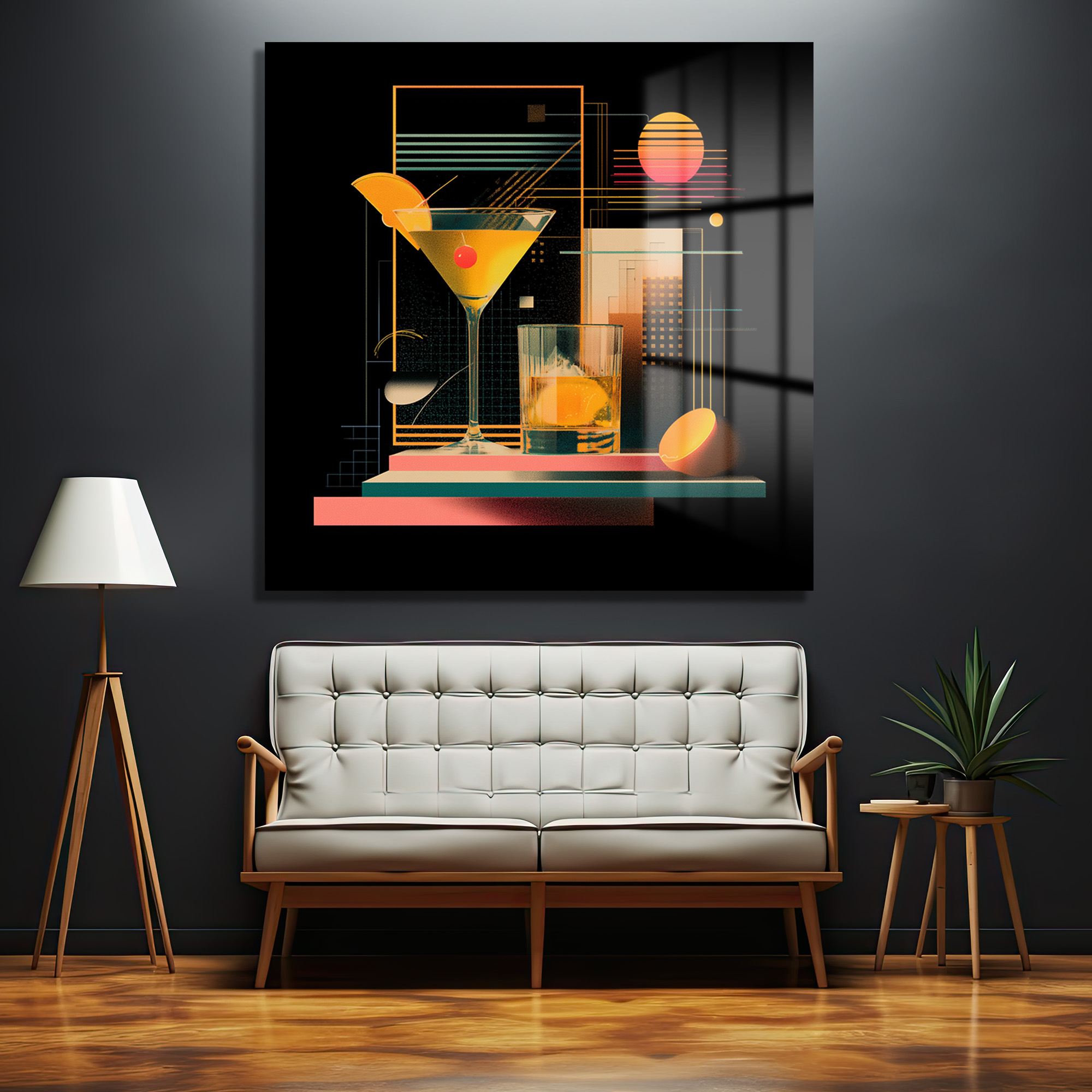 Neon Kokteyl Rüyası Modern Cam Tablo Duvar Dekoru Siyah bir arka plan üzerinde, geometrik çizgiler ve şekillerle süslenmiş, turuncu ve pembe tonlarında bir kokteyl ve bir viski bardağının yer aldığı modern bir cam tablo. Tablo, beyaz bir koltuk ve ahşap bir lambanın bulunduğu şık bir oturma odası dekorasyonunu tamamlıyor.