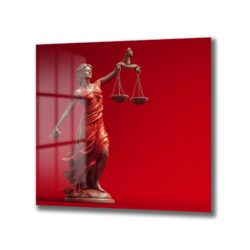Adalet Tanrıçası Themis Temalı Kırmızı Fonlu Cam Tablo - Glazella Adalet Tanrıçası Themis Temalı Kırmızı Fonlu Cam Tablo - Glazella
