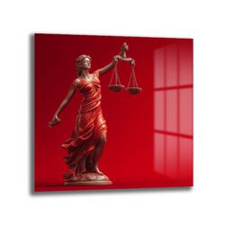 Adalet Tanrıçası Themis Temalı Kırmızı Fonlu Cam Tablo Duvar Dekoru Adalet Tanrıçası Themis Temalı Kırmızı Fonlu Cam Tablo