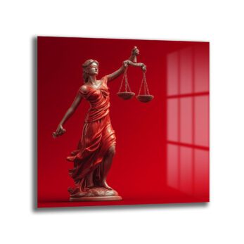 Adalet Tanrıçası Themis Temalı Kırmızı Fonlu Cam Tablo - Glazella