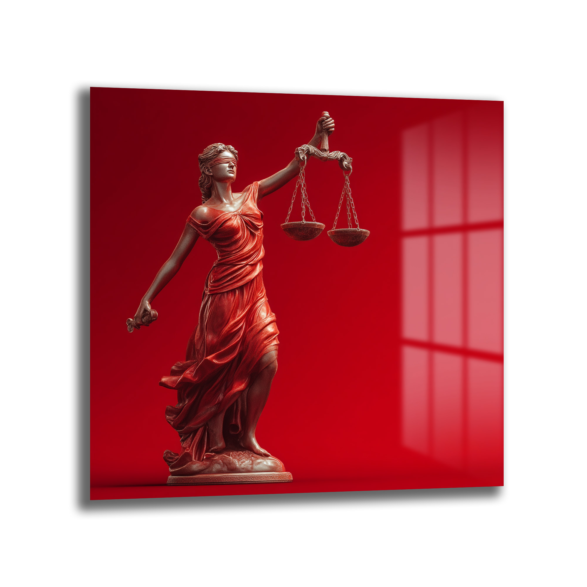 Adalet Tanrıçası Themis Temalı Kırmızı Fonlu Cam Tablo Duvar Dekoru Adalet Tanrıçası Themis Temalı Kırmızı Fonlu Cam Tablo