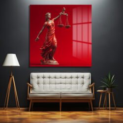 Adalet Tanrıçası Themis Temalı Kırmızı Fonlu Cam Tablo Duvar Dekoru Adalet Tanrıçası Themis Temalı Kırmızı Fonlu Cam Tablo