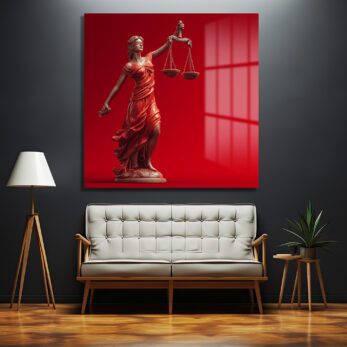 Adalet Tanrıçası Themis Temalı Kırmızı Fonlu Cam Tablo - Glazella Adalet Tanrıçası Themis Temalı Kırmızı Fonlu Cam Tablo - Glazella
