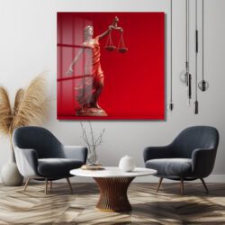 Adalet Tanrıçası Themis Temalı Kırmızı Fonlu Cam Tablo Duvar Dekoru Adalet Tanrıçası Themis Temalı Kırmızı Fonlu Cam Tablo