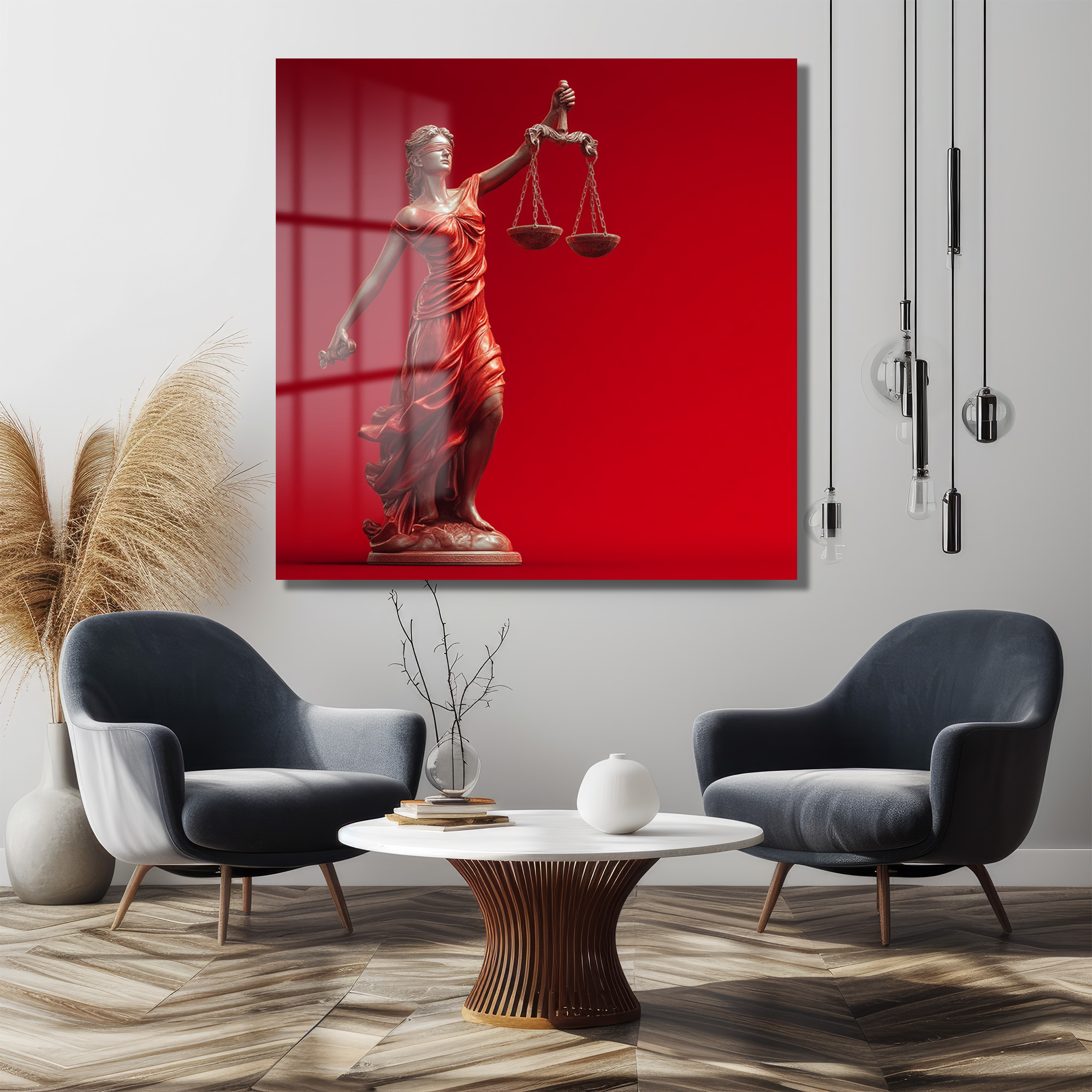 Adalet Tanrıçası Themis Temalı Kırmızı Fonlu Cam Tablo Duvar Dekoru Adalet Tanrıçası Themis Temalı Kırmızı Fonlu Cam Tablo