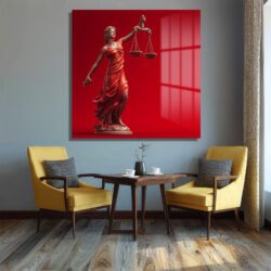 Adalet Tanrıçası Themis Temalı Kırmızı Fonlu Cam Tablo Duvar Dekoru Adalet Tanrıçası Themis Temalı Kırmızı Fonlu Cam Tablo