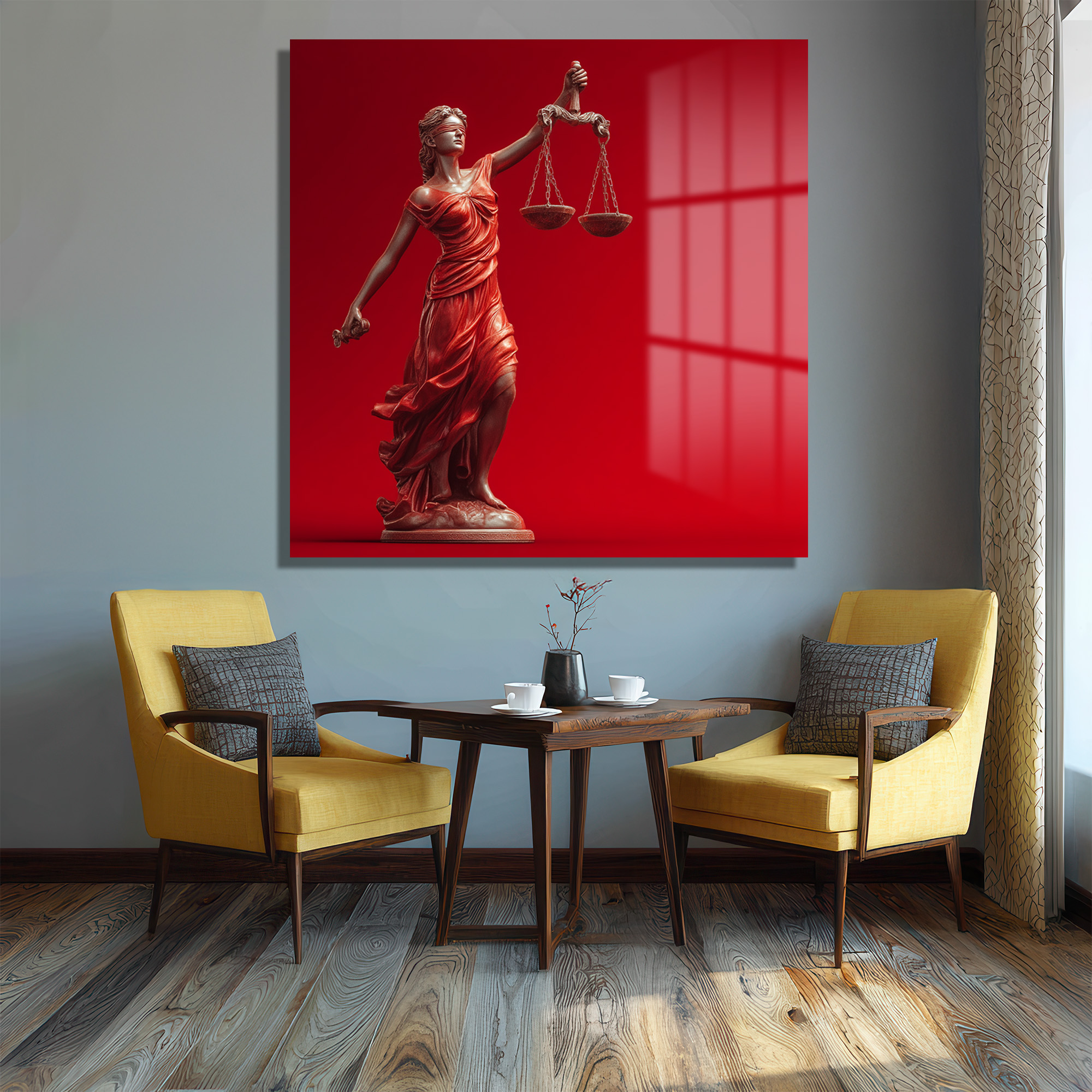 Adalet Tanrıçası Themis Temalı Kırmızı Fonlu Cam Tablo Duvar Dekoru Adalet Tanrıçası Themis Temalı Kırmızı Fonlu Cam Tablo