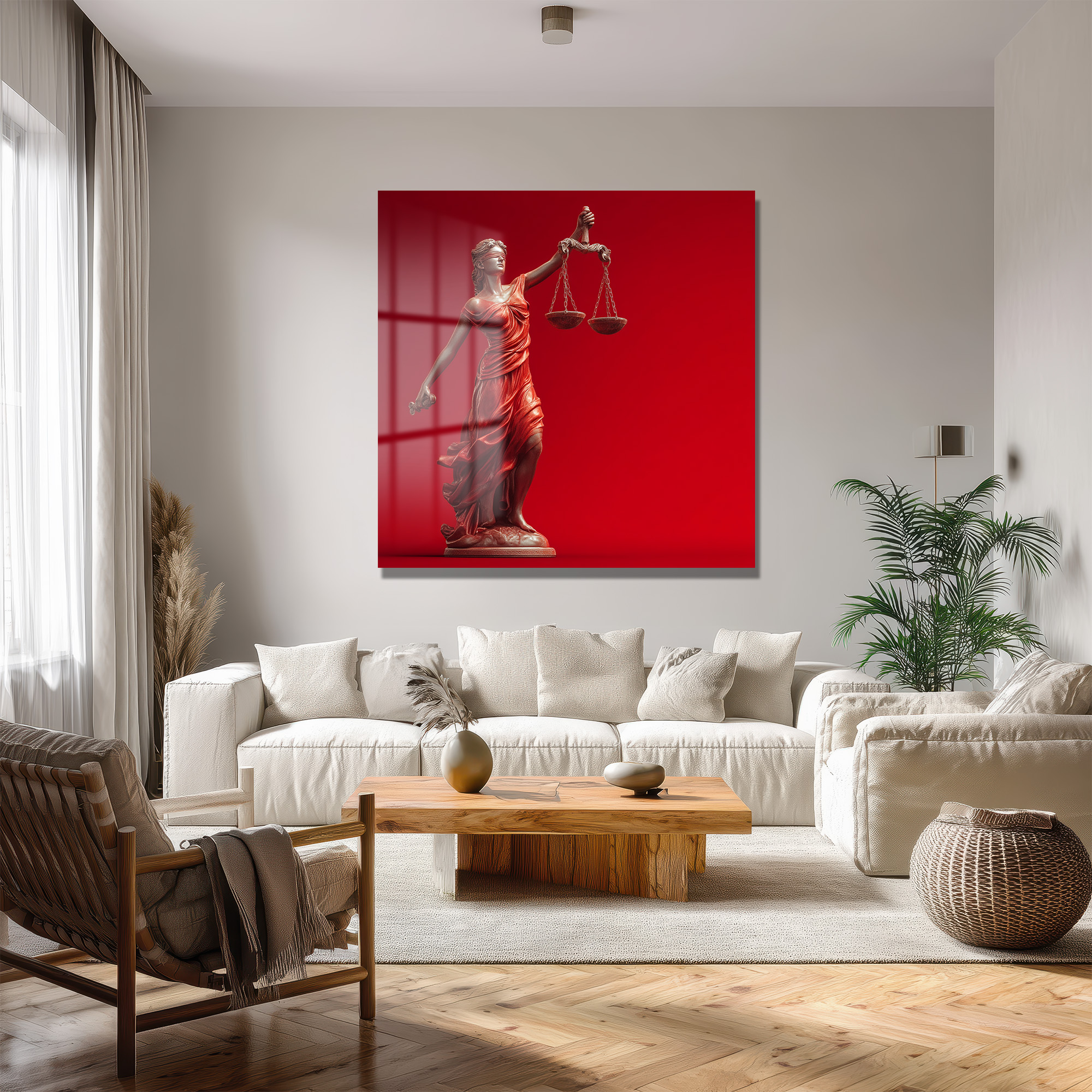 Adalet Tanrıçası Themis Temalı Kırmızı Fonlu Cam Tablo Duvar Dekoru Adalet Tanrıçası Themis Temalı Kırmızı Fonlu Cam Tablo