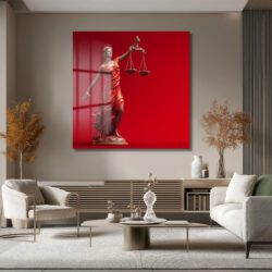 Adalet Tanrıçası Themis Temalı Kırmızı Fonlu Cam Tablo Duvar Dekoru Adalet Tanrıçası Themis Temalı Kırmızı Fonlu Cam Tablo