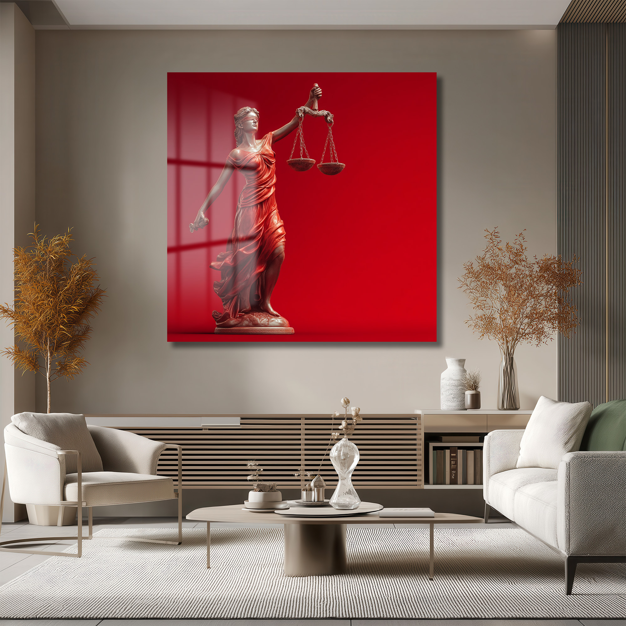 Adalet Tanrıçası Themis Temalı Kırmızı Fonlu Cam Tablo Duvar Dekoru Adalet Tanrıçası Themis Temalı Kırmızı Fonlu Cam Tablo