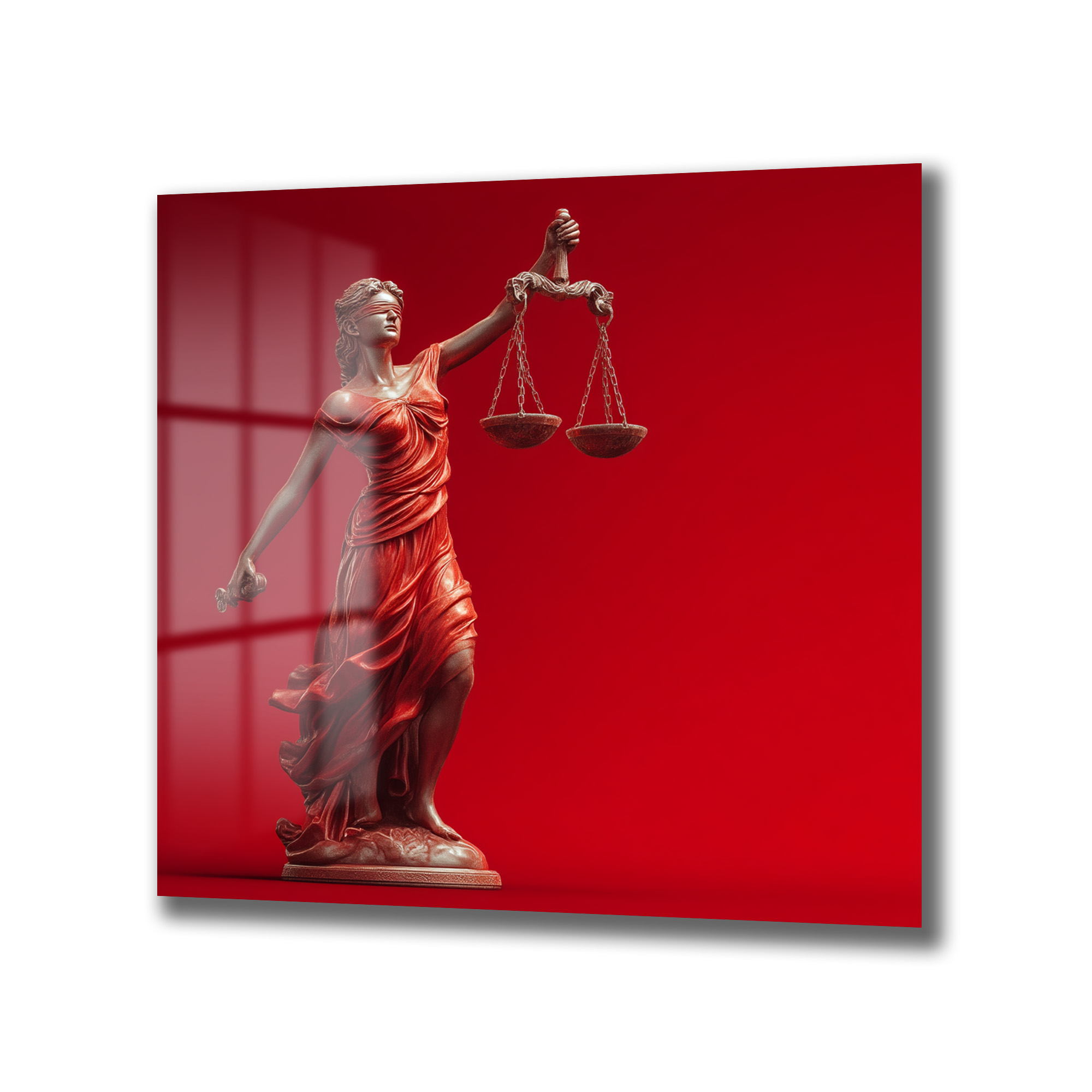 Adalet Tanrıçası Themis Temalı Kırmızı Fonlu Cam Tablo Duvar Dekoru Kırmızı arka plan üzerinde, gözleri bağlı, bir elinde terazi, diğer elinde kılıç tutan Adalet Tanrıçası Themis heykelinin cam üzerine UV baskı detayı. Parlak yüzeyde yansımalar mevcut.