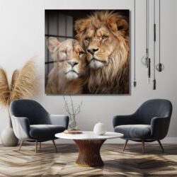 Görkemli Aslan Çifti Cam Tablo: Safari Ruhu Evine Taşınsın