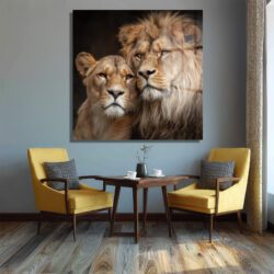 Görkemli Aslan Çifti Cam Tablo: Safari Ruhu Evine Taşınsın