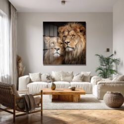 Görkemli Aslan Çifti Cam Tablo: Safari Ruhu Evine Taşınsın