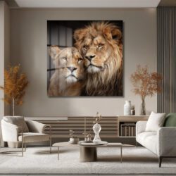 Görkemli Aslan Çifti Cam Tablo: Safari Ruhu Evine Taşınsın