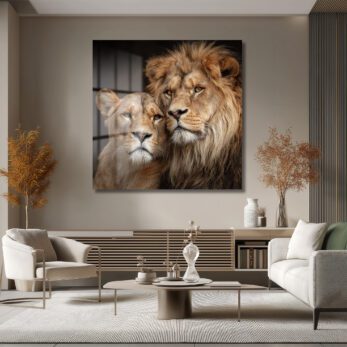 Görkemli Aslan Çifti Cam Tablo: Safari Ruhu Evine Taşınsın - Glazella Görkemli Aslan Çifti Cam Tablo: Safari Ruhu Evine Taşınsın - Glazella