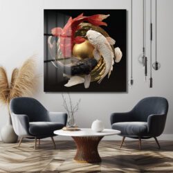 Üç Koi Balığı ve Altın Detaylı Lüks Cam Tablo Duvar Dekoru Üç Koi Balığı ve Altın Detaylı Lüks Cam Tablo