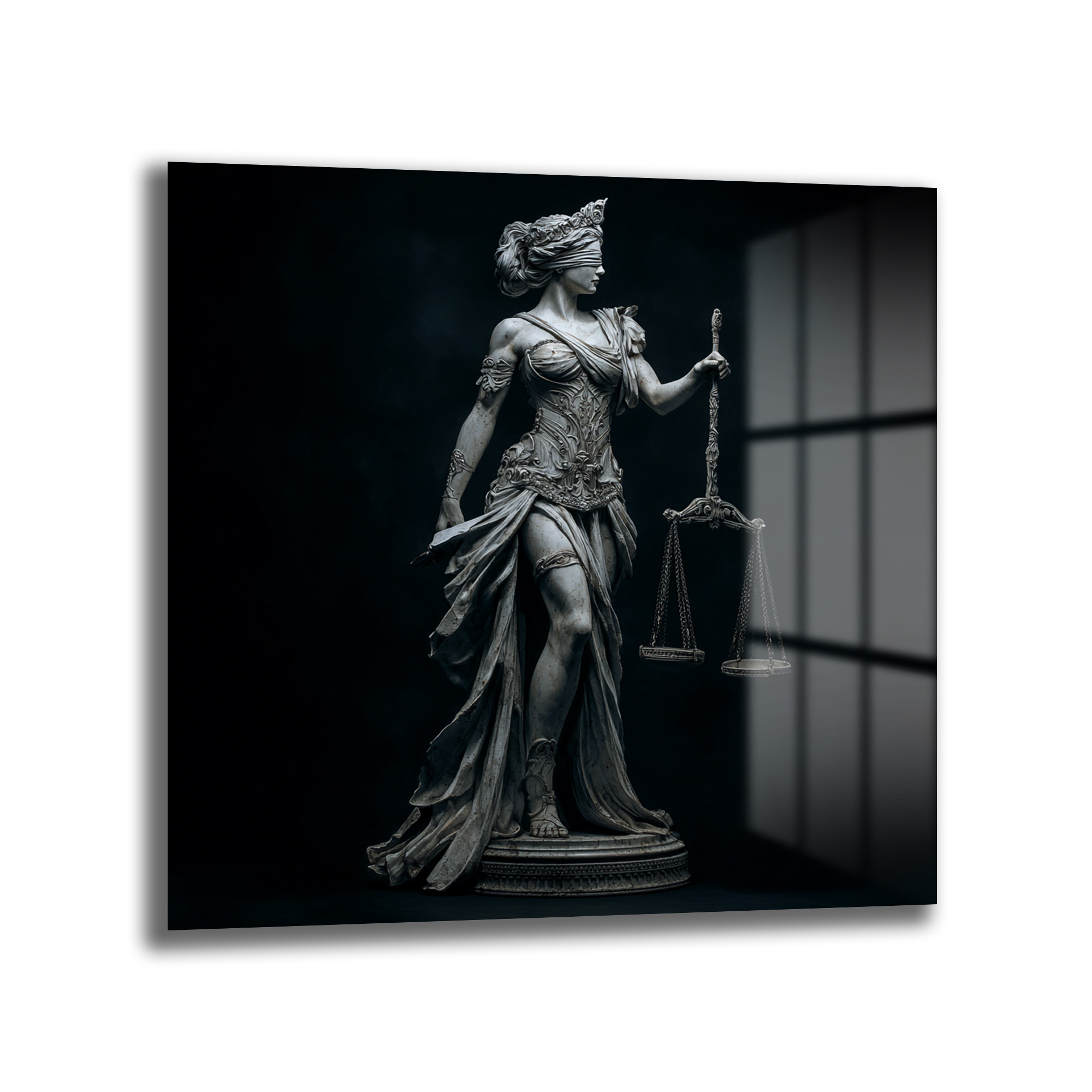 Adalet Tanrıçası Themis Heykeli: Güç ve Dengeyi Yansıtan Cam Tablo Duvar Dekoru Adalet Tanrıçası Themis Heykeli: Güç ve Dengeyi Yansıtan Cam Tablo