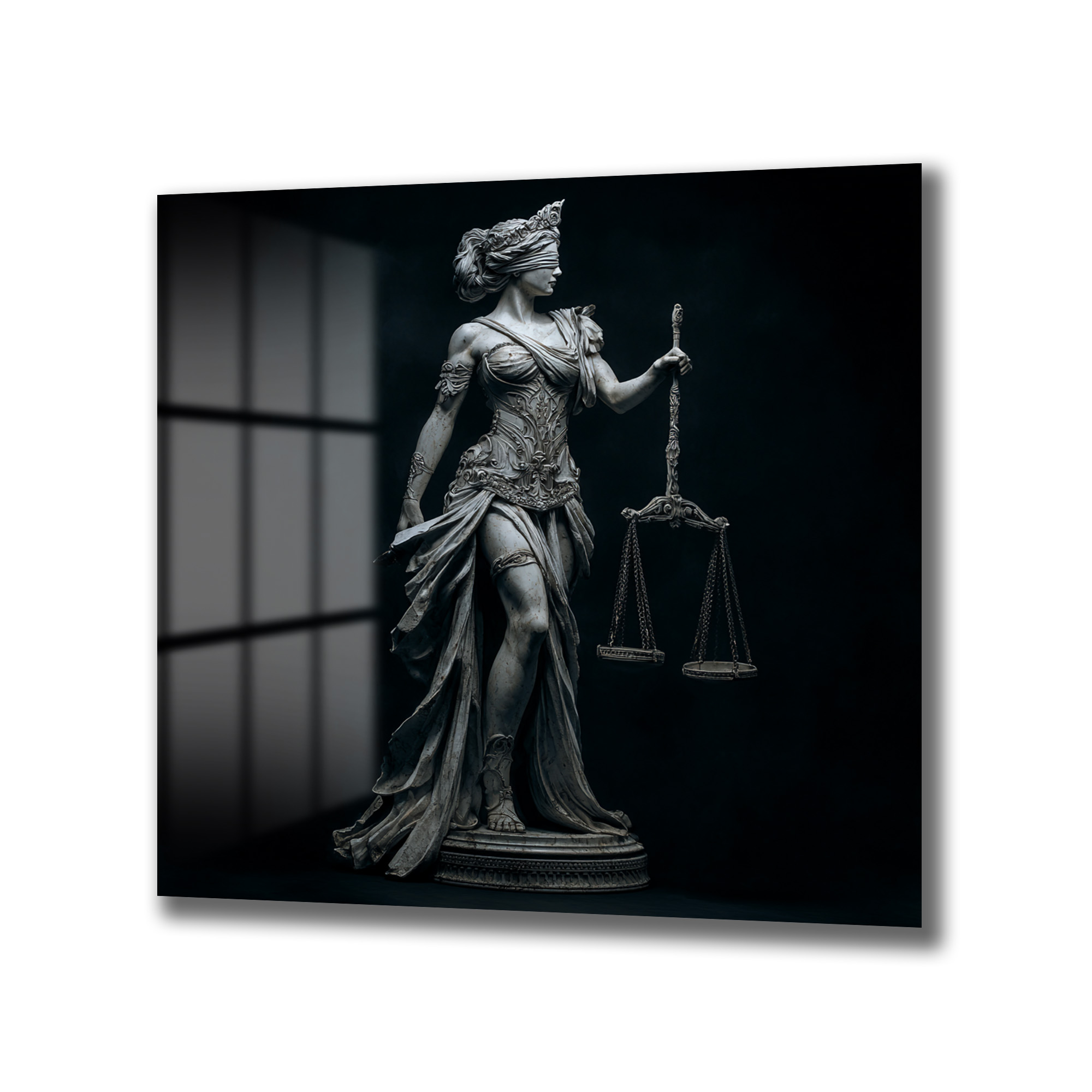 Adalet Tanrıçası Themis Heykeli: Güç ve Dengeyi Yansıtan Cam Tablo Duvar Dekoru Karanlık bir arka plan önünde, gözleri bağlı, terazili Adalet Tanrıçası Themis heykelinin gri tonlarında, detaylı bir cam tablo görseli.