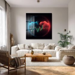 Boğa ve Ayı Mücadelesi Finans Temalı Sanatsal Cam Tablo Duvar Dekoru Boğa ve Ayı Mücadelesi Finans Temalı Sanatsal Cam Tablo
