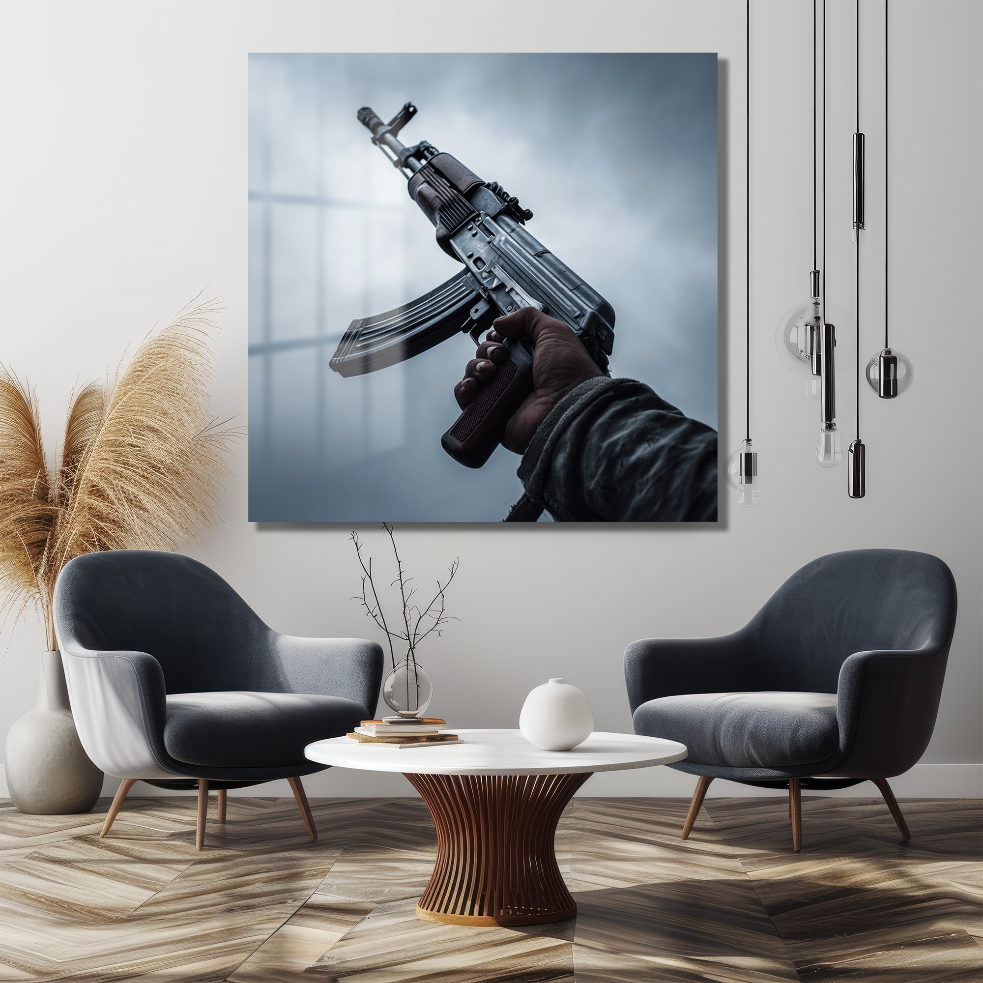 Cesur İfade: Sanatsal AK-47 Temalı Modern Cam Tablo Duvar Dekoru Cesur İfade: Sanatsal AK-47 Temalı Modern Cam Tablo