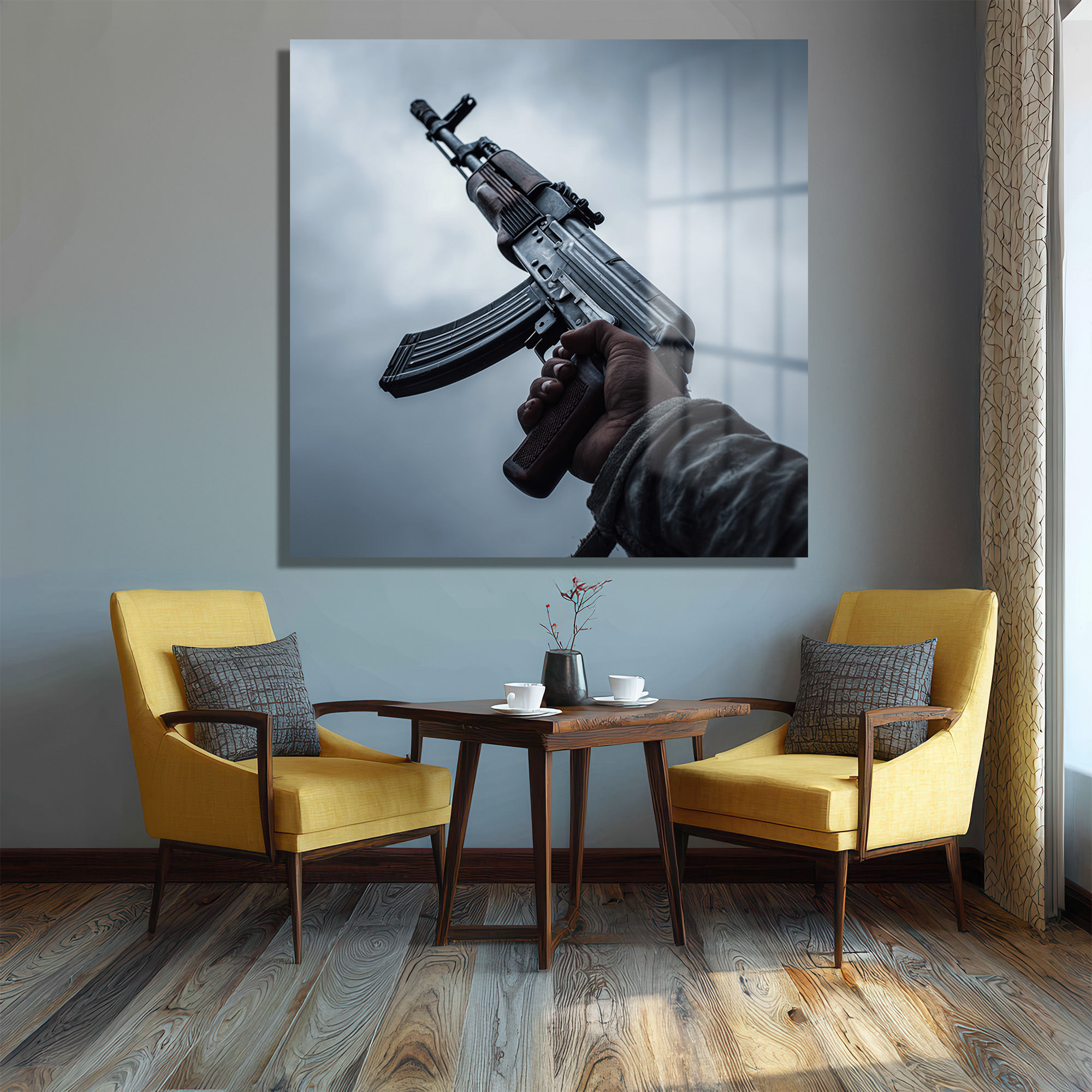 Cesur İfade: Sanatsal AK-47 Temalı Modern Cam Tablo Duvar Dekoru Cesur İfade: Sanatsal AK-47 Temalı Modern Cam Tablo