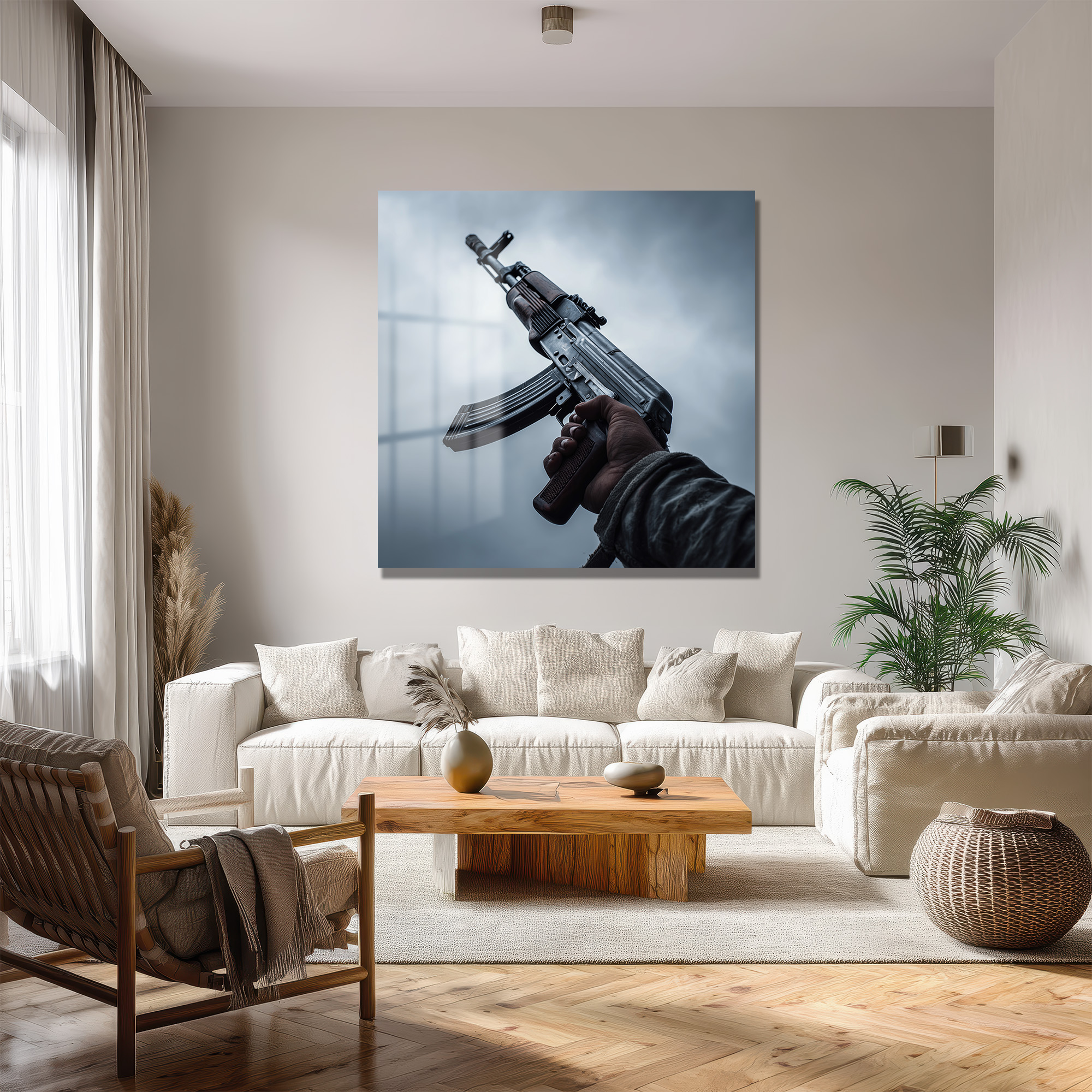 Cesur İfade: Sanatsal AK-47 Temalı Modern Cam Tablo Duvar Dekoru Cesur İfade: Sanatsal AK-47 Temalı Modern Cam Tablo