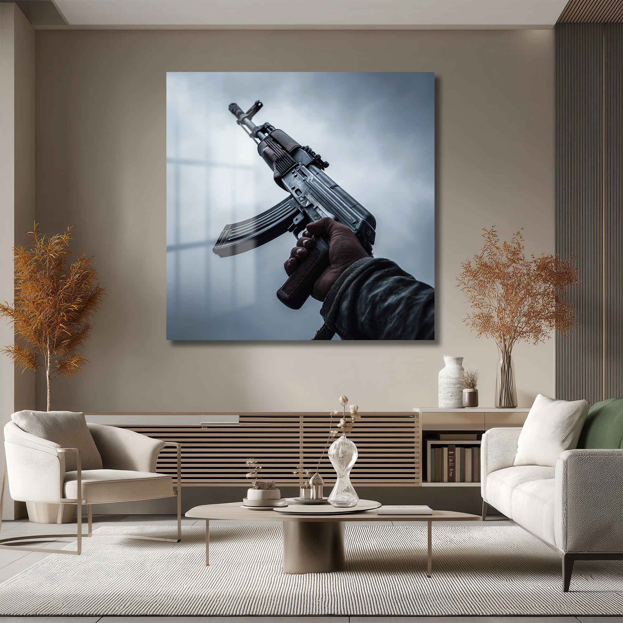 Cesur İfade: Sanatsal AK-47 Temalı Modern Cam Tablo Duvar Dekoru Cesur İfade: Sanatsal AK-47 Temalı Modern Cam Tablo
