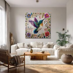 Büyüleyici Kolibri ve Çiçekler Temalı İşlemeli Cam Tablo Duvar Dekoru Büyüleyici Kolibri ve Çiçekler Temalı İşlemeli Cam Tablo