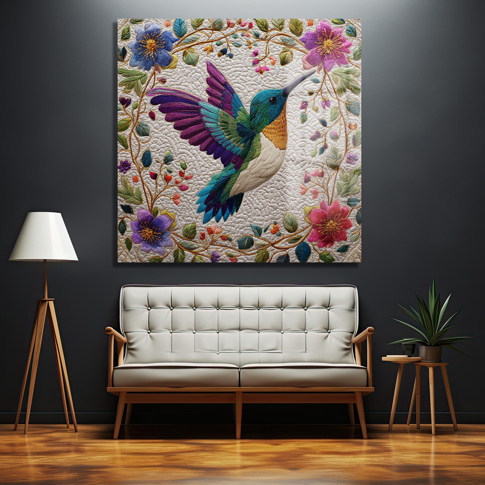 Büyüleyici Kolibri ve Çiçekler Temalı İşlemeli Cam Tablo Duvar Dekoru Modern ve minimalist bir salonda, koyu gri duvarda asılı, canlı renklerde işlenmiş kolibri ve etrafındaki çiçek motifleriyle bezenmiş büyük bir cam tablo. Tablonun altında beyaz döşemeli ahşap ayaklı bir kanepe, solunda ahşap lambader ve sağında yeşil bir bitki yer almaktadır.