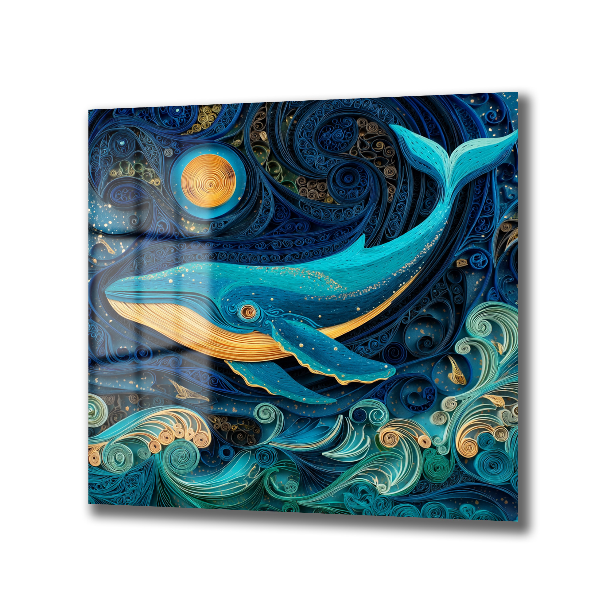 Okyanusun Derinliklerinden Sanatsal Yolculuk: Balina Temalı Quilling Cam Tablo Duvar Dekoru Okyanusun Derinliklerinden Sanatsal Yolculuk: Balina Temalı Quilling Cam Tablo