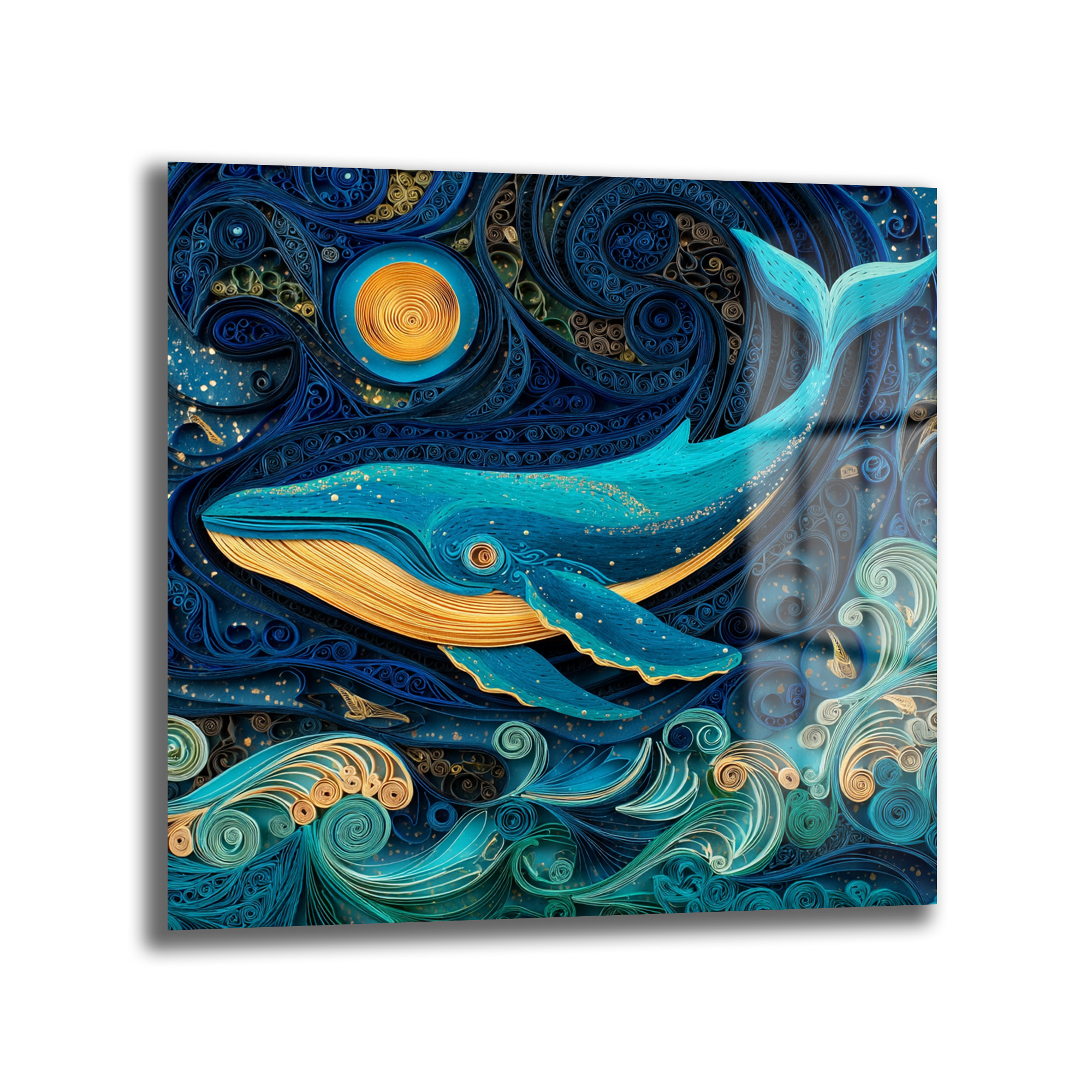 Okyanusun Derinliklerinden Sanatsal Yolculuk: Balina Temalı Quilling Cam Tablo Duvar Dekoru Okyanusun Derinliklerinden Sanatsal Yolculuk: Balina Temalı Quilling Cam Tablo