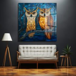 Büyüleyici Vitray Baykuşlar Cam Tablo - Glazella Sanat Serisi - Glazella