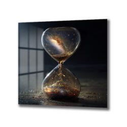 Karanlık bir zeminde duran, içinde galaksi ve parıldayan altın rengi kum taneleri bulunan şeffaf bir kum saati cam tablo. Kum saatinin üst kısmında spiral bir galaksi görünürken, altın kumlar alt hazneye doğru akıyor. Arka planda pencere yansımaları ve karanlık bir oda detayı seçiliyor.