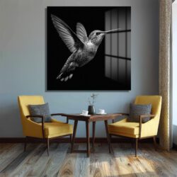 Siyah Beyaz Kolibri Uçuşu Cam Tablo Duvar Dekoru Siyah Beyaz Kolibri Uçuşu Cam Tablo