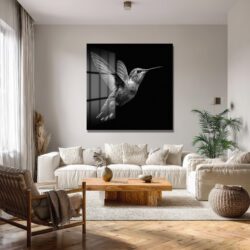 Siyah Beyaz Kolibri Uçuşu Cam Tablo Duvar Dekoru Siyah Beyaz Kolibri Uçuşu Cam Tablo