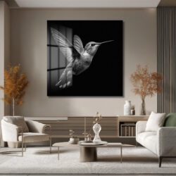 Siyah Beyaz Kolibri Uçuşu Cam Tablo Duvar Dekoru Siyah Beyaz Kolibri Uçuşu Cam Tablo