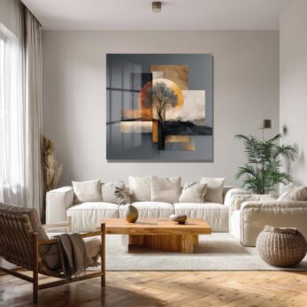 Soyut Ağaç ve Güneş Temalı Modern Cam Tablo - Glazella