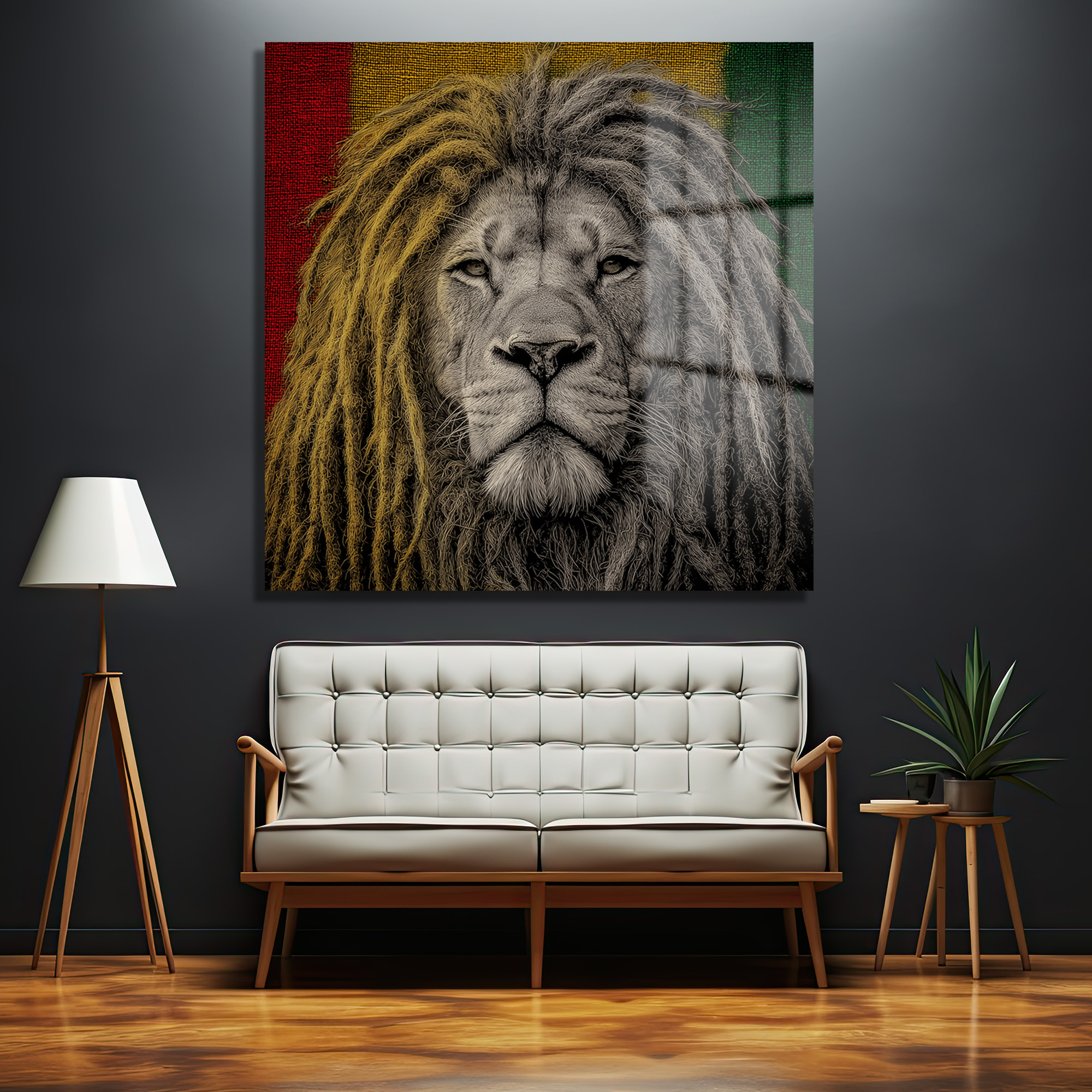 Rasta Aslan Kral Dreadlock Cam Tablo - Glazella Özel Tasarım Duvar Dekoru Koyu gri duvarda asılı, rastafari renklerinde (kırmızı, sarı, yeşil) arka plana sahip, dreadlock'lu, güçlü ve asil bir aslanın yakın çekim portresi olan cam tablo. Altında modern beyaz bir koltuk ve ahşap detaylar bulunmaktadır.
