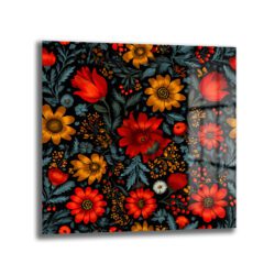 Canlı Kırmızı ve Sarı Çiçekli Folk Art Cam Tablo Duvar Dekoru Canlı Kırmızı ve Sarı Çiçekli Folk Art Cam Tablo