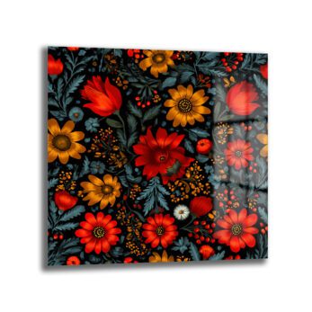 Canlı Kırmızı ve Sarı Çiçekli Folk Art Cam Tablo