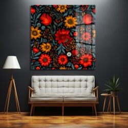 Canlı Kırmızı ve Sarı Çiçekli Folk Art Cam Tablo Duvar Dekoru Canlı Kırmızı ve Sarı Çiçekli Folk Art Cam Tablo